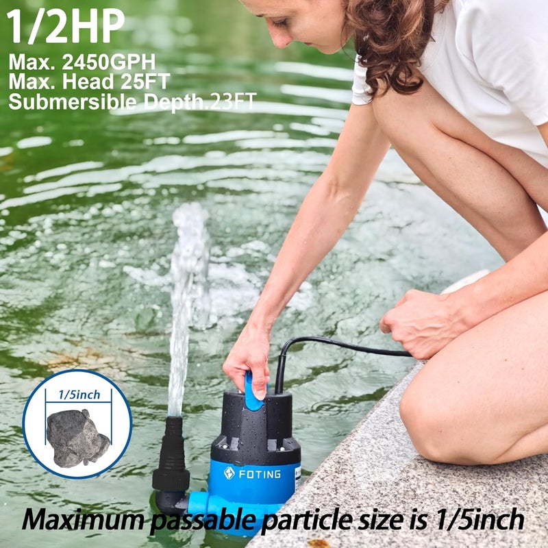 FOTING 1/2HP Submersible Water Pump with Stainless Steel Base - Removes Water to 0.04" Depth, 2450GPH Portable Sump Pump for Puddles, Pools, Boats, Gardens & Ponds - 10Ft Cord Included - Image 4